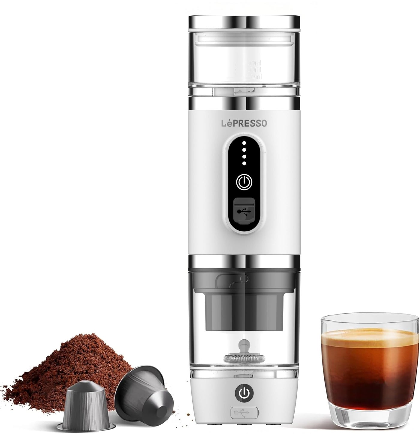 4-in-1 Portable Coffee Machine, 20Bar Espresso Maker with Milk Frother, Capsule & Coffee Powder Compatible, Quick Brew & Foam Maker, 80mL Capacity, 2500mAh Battery, Ideal for Camping & Outdoors – White
